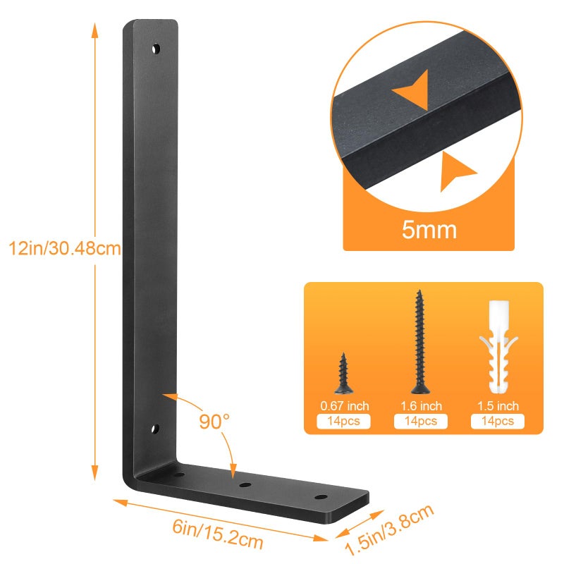 Aunulahca Floating Shelf Bracket 12 Inch, 6 Pack Heavy Duty Shelf Brackets, Black Wall Shelf Bracket for DIY Decorative with Mounting Hardware - Image 5